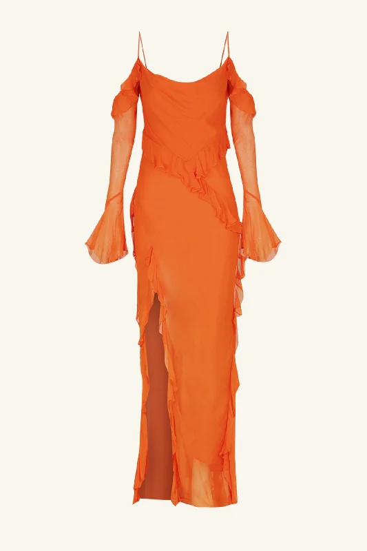 LAYLA LONG SLEEVE RUFFLE MAXI DRESS - FLAME ORANGE