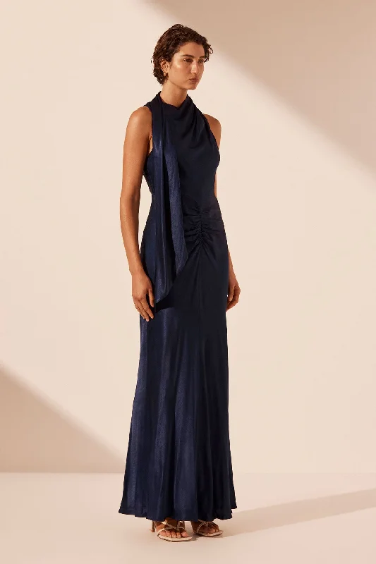 LINO SCARF NECK MAXI DRESS - DEEP MIDNIGHT