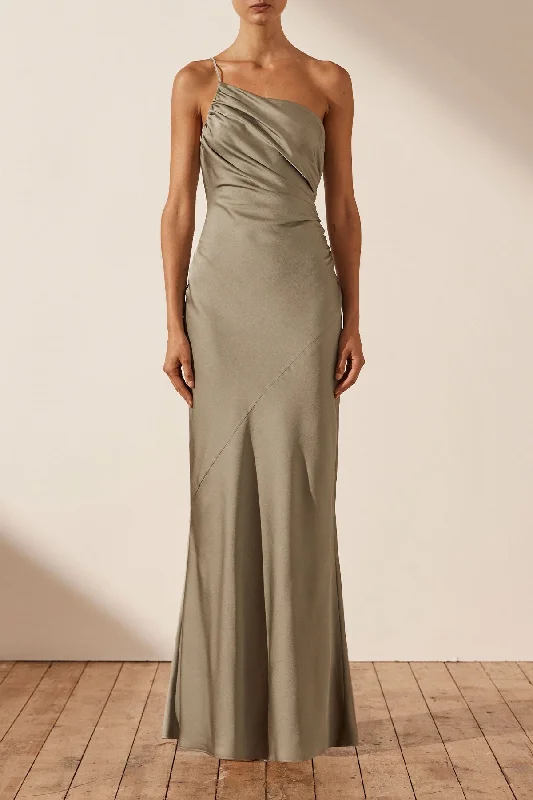 LUXE ASYMMETRICAL GATHERED MAXI DRESS - EUCALYPTUS