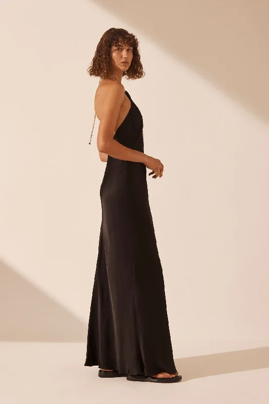 LYDIE CHAIN HALTER MAXI DRESS - BLACK