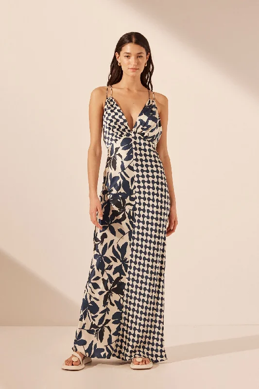 MAGNOLIA SILK CONTRAST PLUNGED DOUBLE STRAP MAXI DRESS