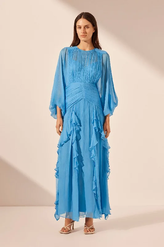 MARGOT ROUND NECK BALLOON SLEEVE MAXI DRESS - AQUA