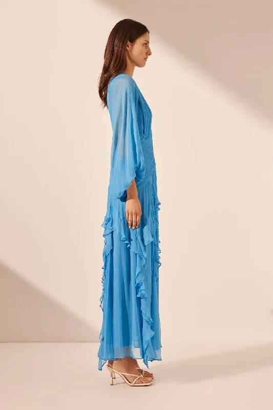 MARGOT ROUND NECK BALLOON SLEEVE MAXI DRESS - AQUA