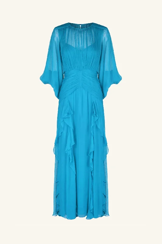 MARGOT ROUND NECK BALLOON SLEEVE MAXI DRESS - AQUA