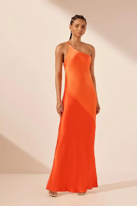 MIA CONTRAST ONE SHOULDER COWL BACK MAXI DRESS - RED ORANGE / HIBISCUS