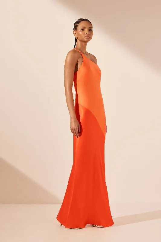 MIA CONTRAST ONE SHOULDER COWL BACK MAXI DRESS - RED ORANGE / HIBISCUS