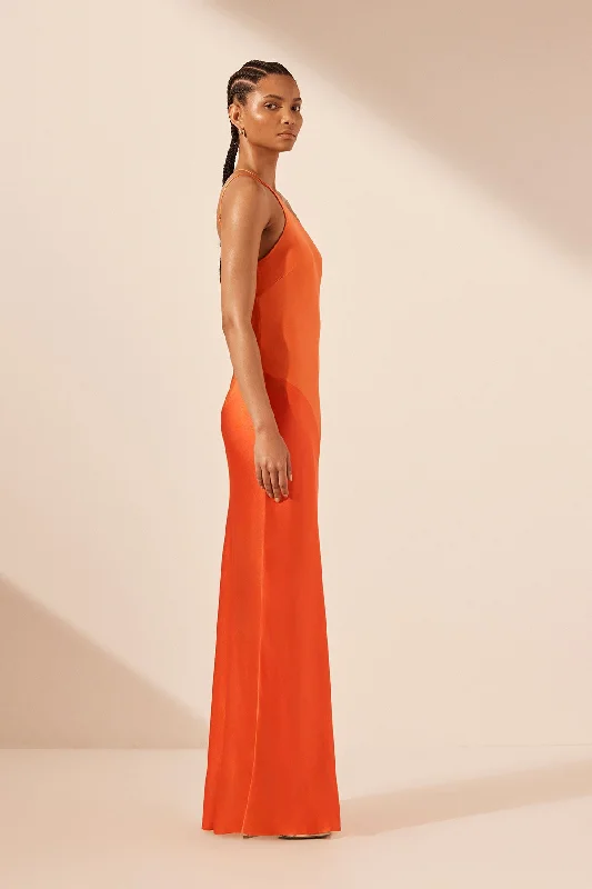 MIA CONTRAST ONE SHOULDER COWL BACK MAXI DRESS - RED ORANGE / HIBISCUS