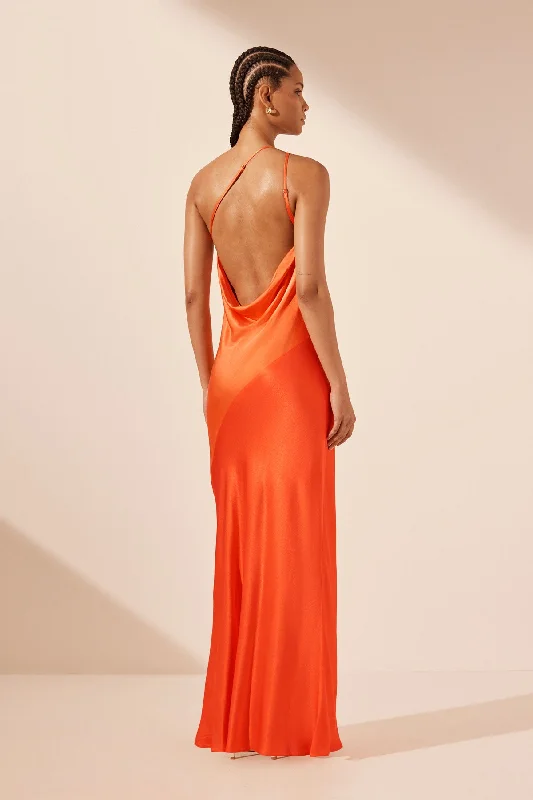 MIA CONTRAST ONE SHOULDER COWL BACK MAXI DRESS - RED ORANGE / HIBISCUS