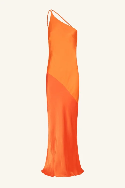 MIA CONTRAST ONE SHOULDER COWL BACK MAXI DRESS - RED ORANGE / HIBISCUS