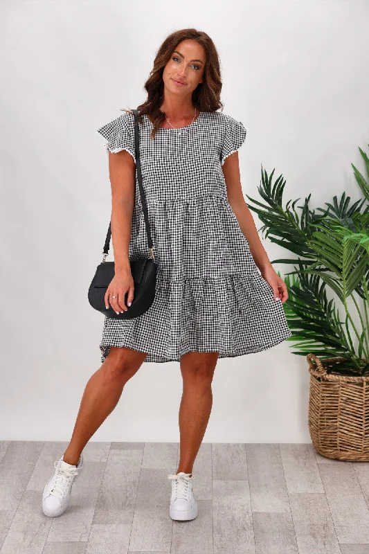 Miracle Lace Trim Gingham Ruffle Dress Black