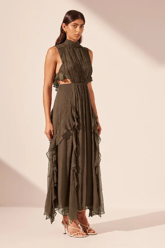 ODEN BACKLESS FRILL MAXI DRESS - OLIVE