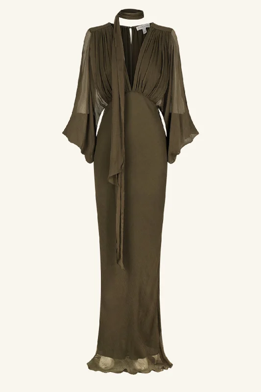 ODEN PLUNGE BALLOON SLEEVE MAXI DRESS - OLIVE