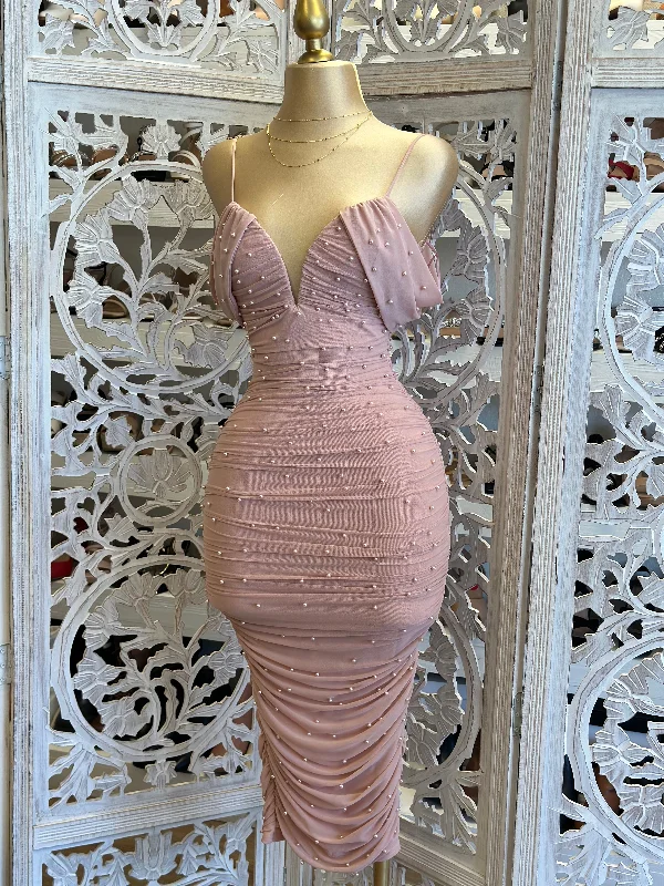 Pearl Detail Mauve Off Shoulder Dress- Stretchy