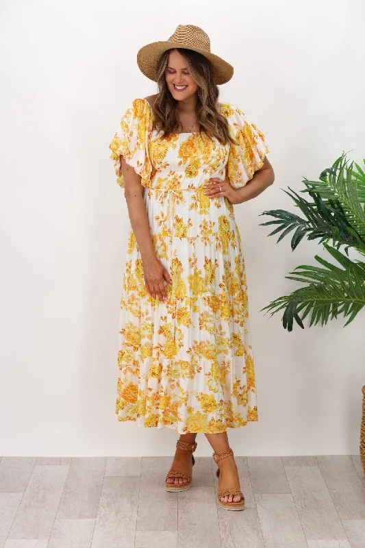 Pink Diamond Hannah Floral Print Tiered Dress Yellow