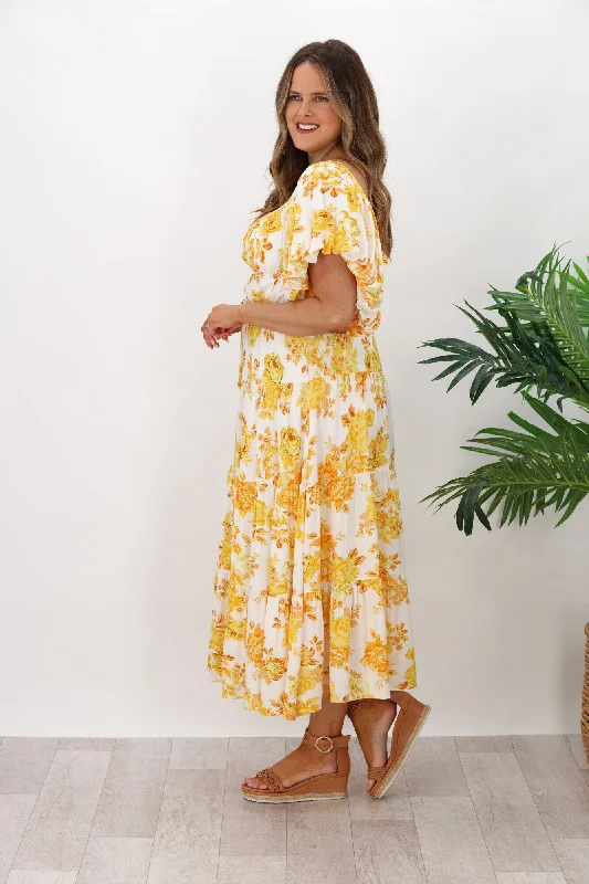 Pink Diamond Hannah Floral Print Tiered Dress Yellow