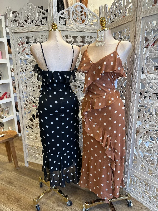 Polka Dot Maxi Ruffled Dress - No Estira, Not Stretchy