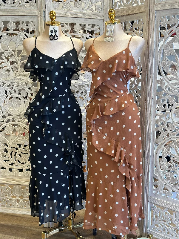 Polka Dot Maxi Ruffled Dress - No Estira, Not Stretchy