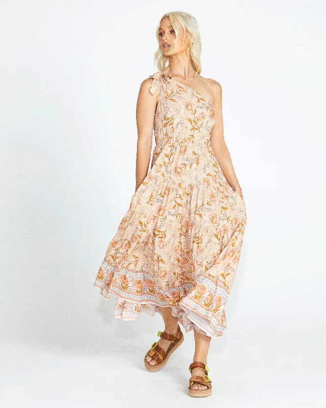 Sass Poppy One Shoulder Maxi Dress Peach Floral