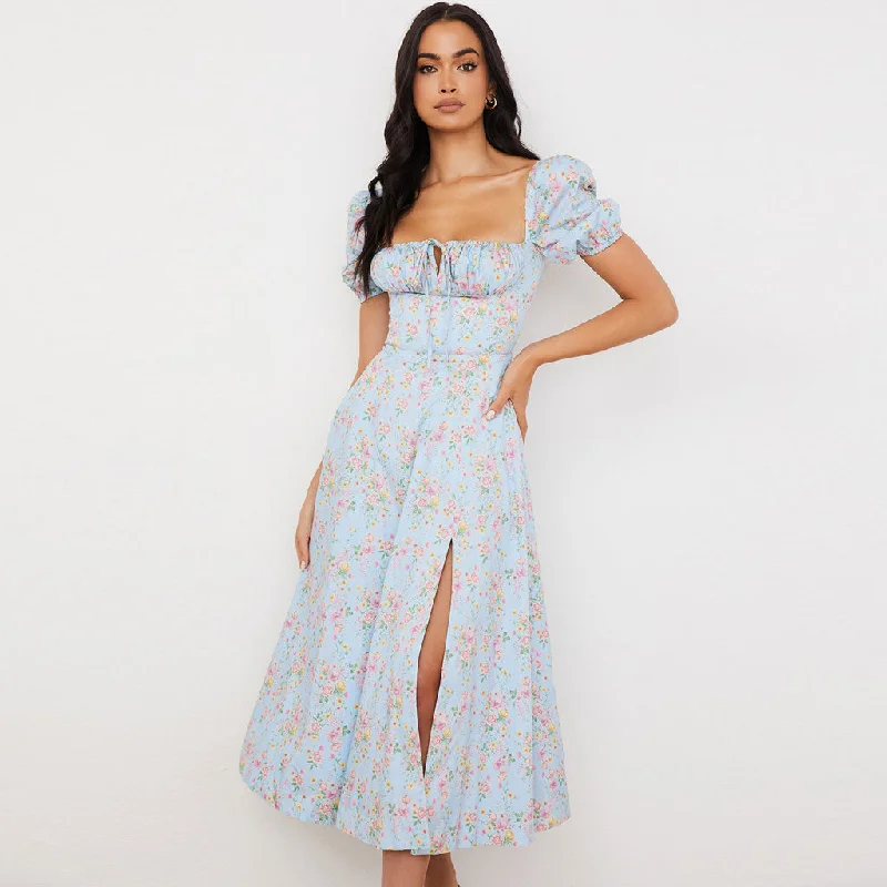 BerryBetty - Daisy Printed Puff Sleeve High Slit Smock Maxi Sundress - Light Blue