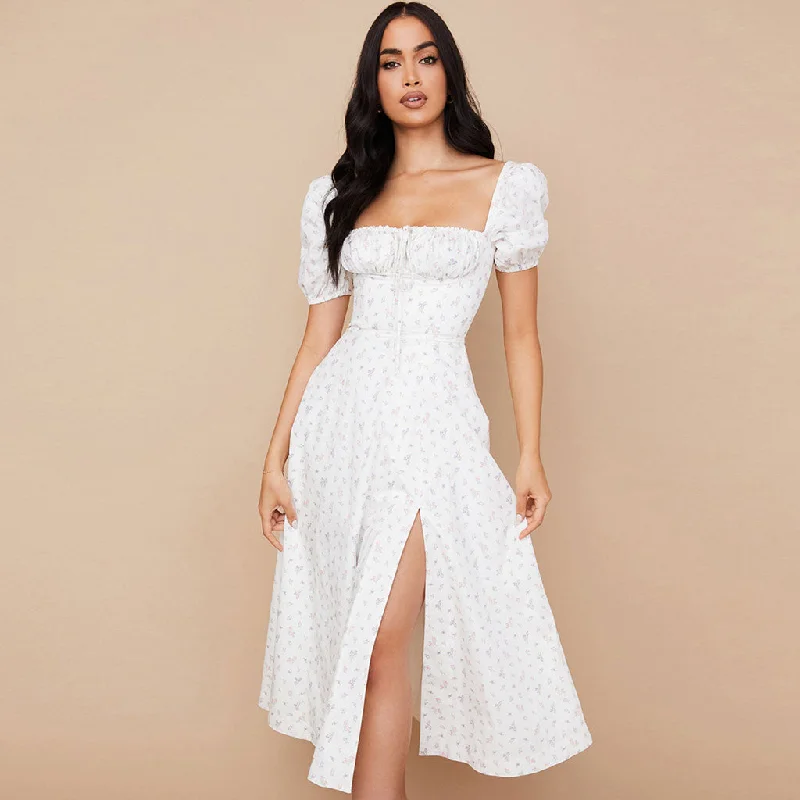 BerryBetty - Daisy Printed Puff Sleeve High Slit Smock Maxi Sundress - White