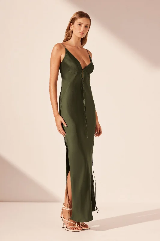 SHAE PLUNGED SLIP TIE MAXI DRESS - PINE GREEN