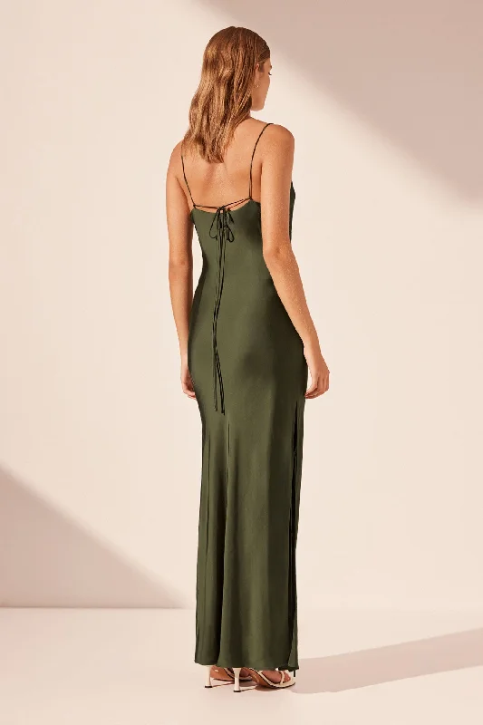 SHAE PLUNGED SLIP TIE MAXI DRESS - PINE GREEN