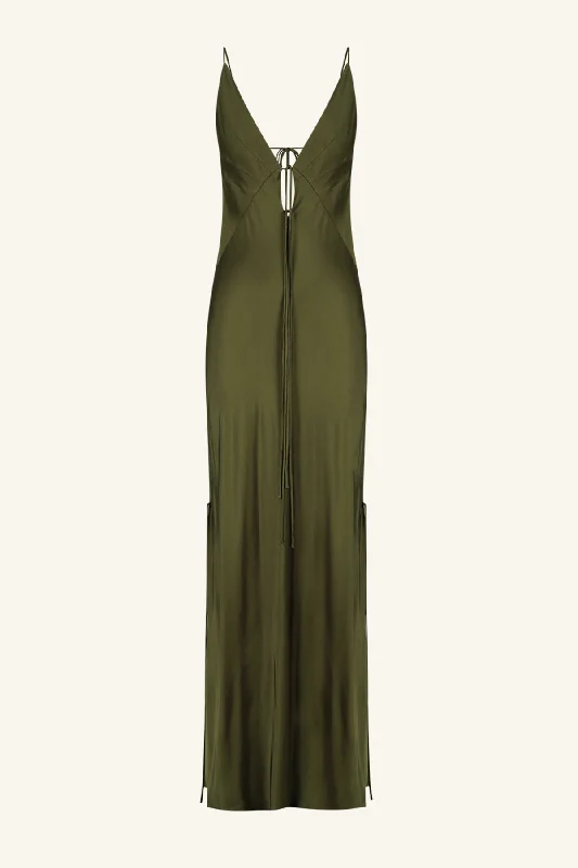 SHAE PLUNGED SLIP TIE MAXI DRESS - PINE GREEN