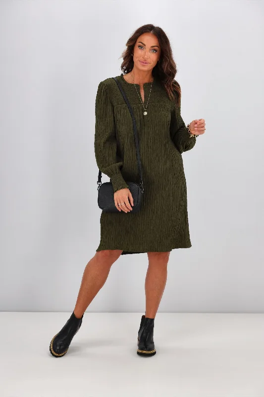 Shine On Label Haven Textured Shirred Yoke Dress Olive