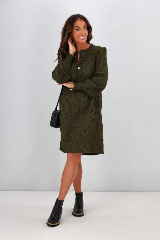 Shine On Label Haven Textured Shirred Yoke Dress Olive