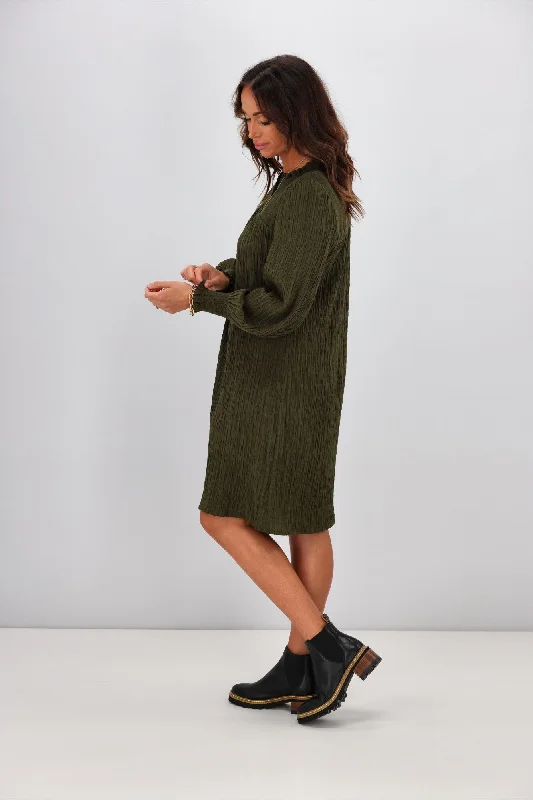 Shine On Label Haven Textured Shirred Yoke Dress Olive