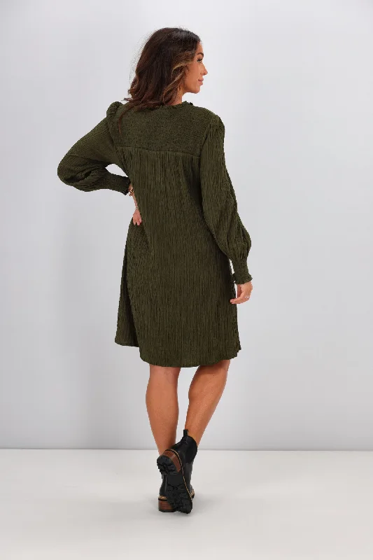 Shine On Label Haven Textured Shirred Yoke Dress Olive