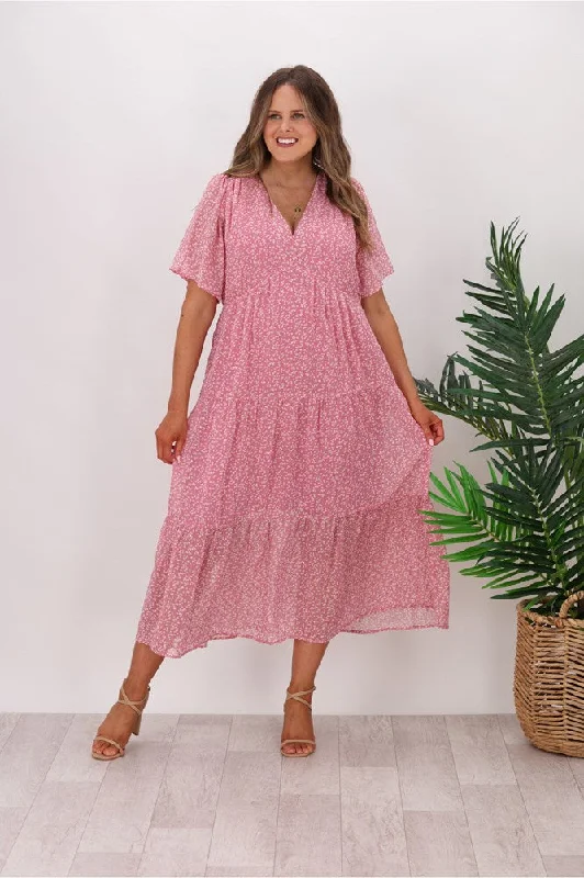 Shine On Label Joni Tiered Chiffon Dress Pink Butterfly Print