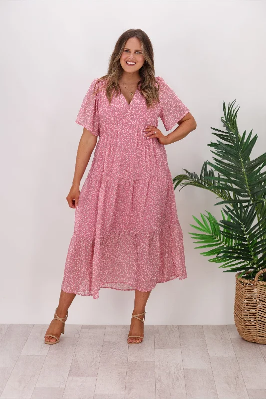 Shine On Label Joni Tiered Chiffon Dress Pink Butterfly Print