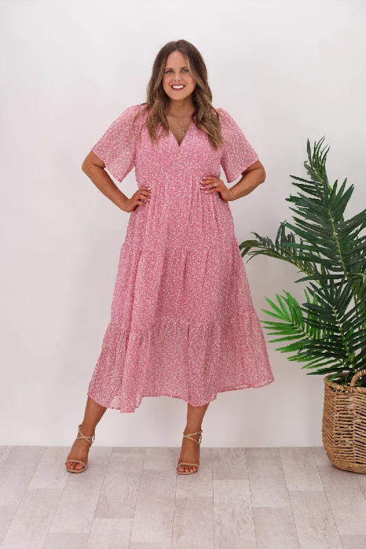 Shine On Label Joni Tiered Chiffon Dress Pink Butterfly Print