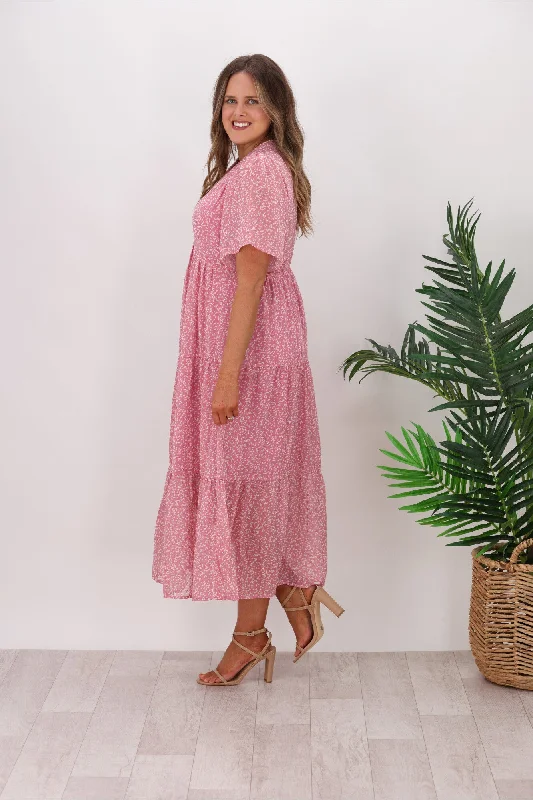 Shine On Label Joni Tiered Chiffon Dress Pink Butterfly Print