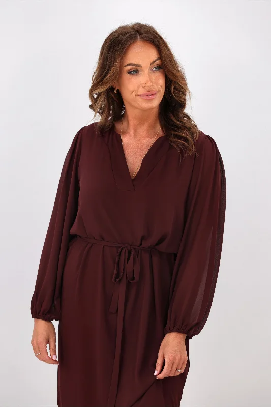 Shine On Label Zaya Placket Neck Dress Deep Wine