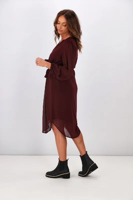 Shine On Label Zaya Placket Neck Dress Deep Wine