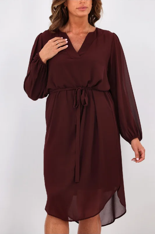 Shine On Label Zaya Placket Neck Dress Deep Wine