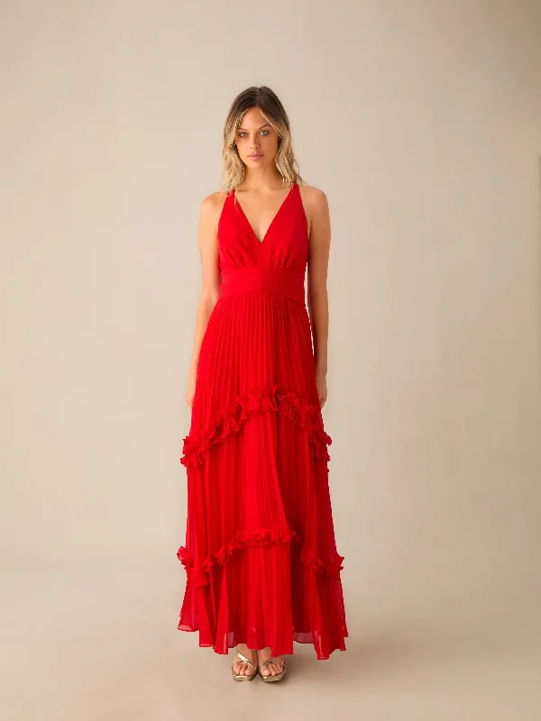 Sienna Red Pleated Frill Maxi Dress