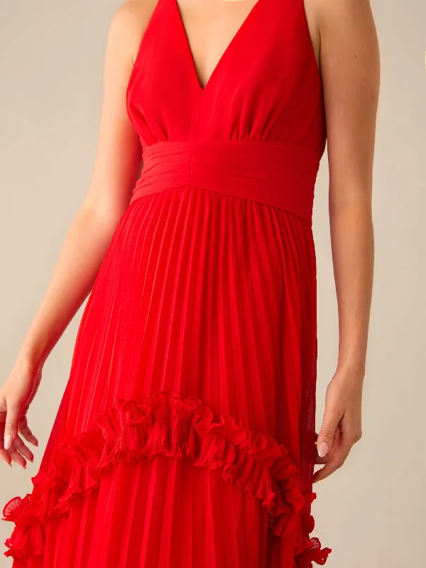 Sienna Red Pleated Frill Maxi Dress