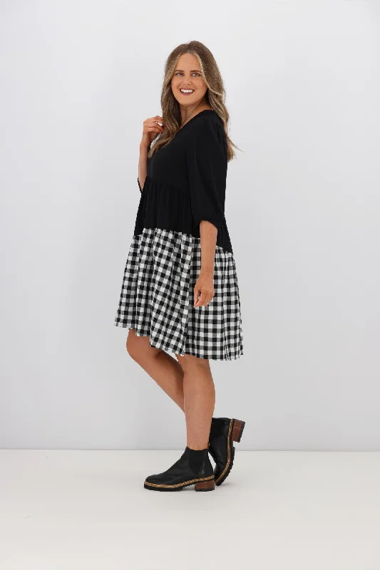 Silver Wishes Gingham Contrast Angle Tiered Dress Black