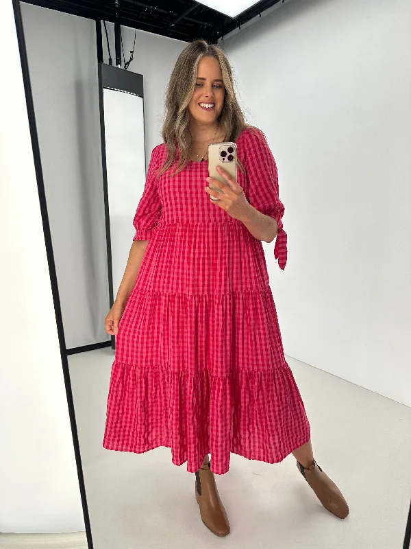 Silver Wishes Two Tone Gingham Check Tier Dress Fuchsia