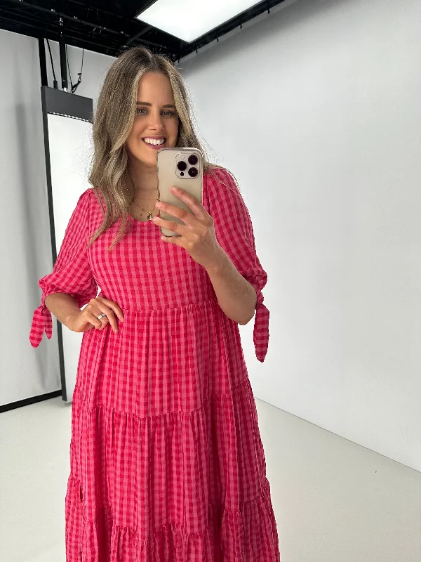 Silver Wishes Two Tone Gingham Check Tier Dress Fuchsia