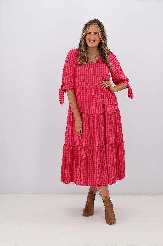 Silver Wishes Two Tone Gingham Check Tier Dress Fuchsia