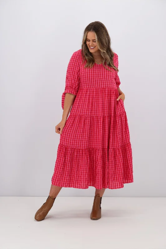 Silver Wishes Two Tone Gingham Check Tier Dress Fuchsia