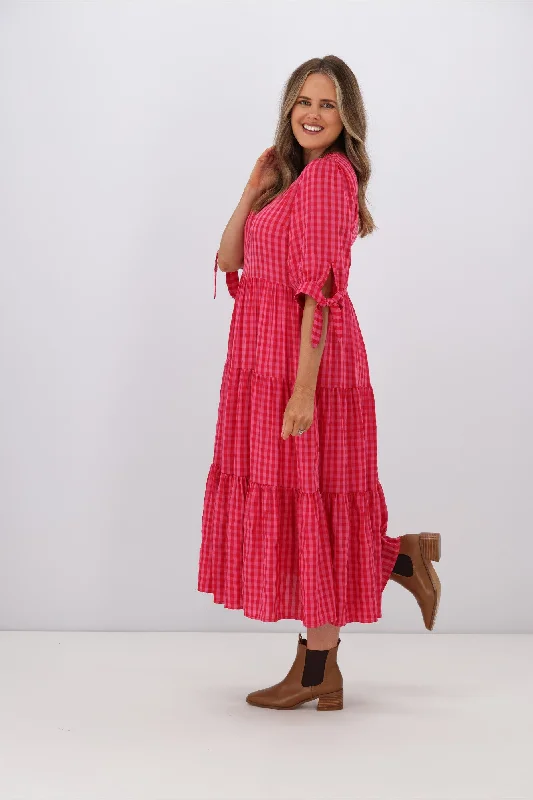 Silver Wishes Two Tone Gingham Check Tier Dress Fuchsia