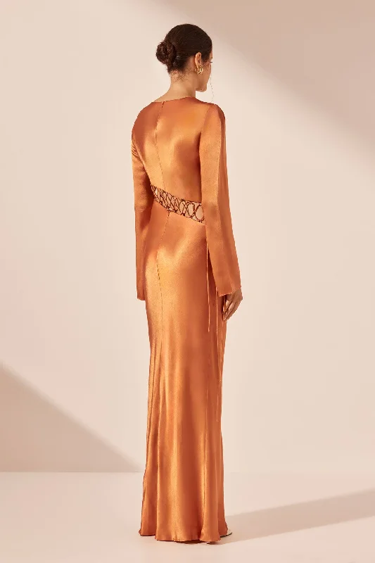 SOFIA ASYMMETRICAL LACE UP MAXI DRESS - GINGER