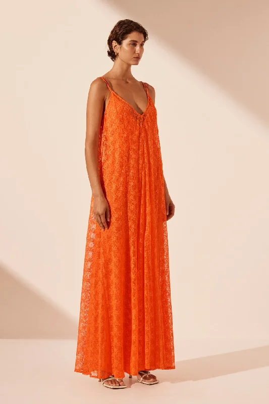 SOL LACE PLUNGED MAXI DRESS - FLAME