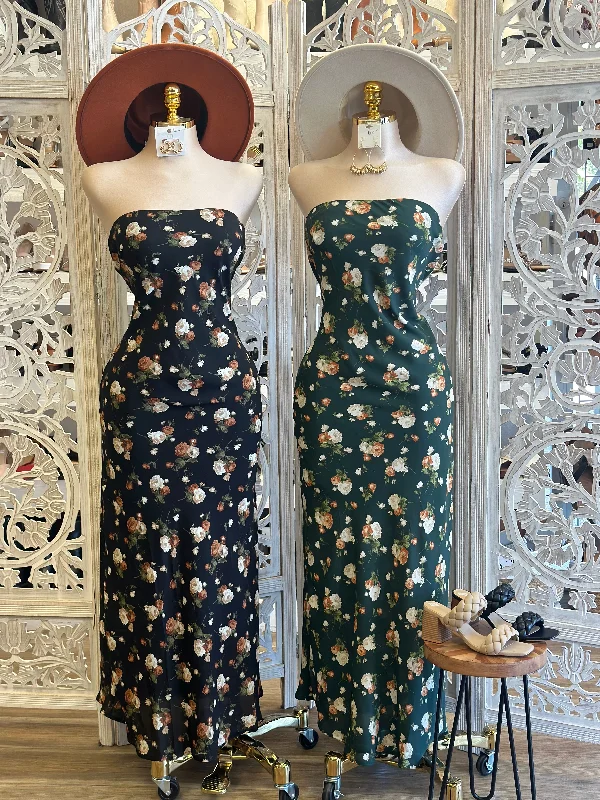 Strapless Flower Pattern Maxi Dress- No Estira, Not Stretchy