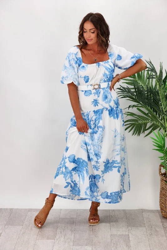 Style State Floral Maxi Dress With Belt White Blue